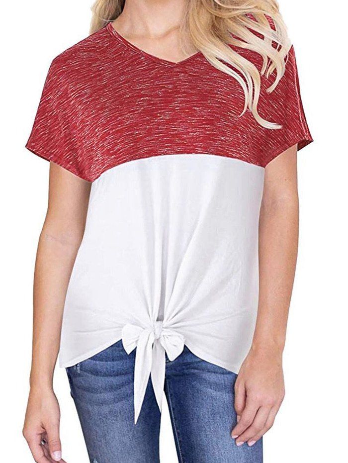 Knot Hem Space Dye Color Block Top, Red