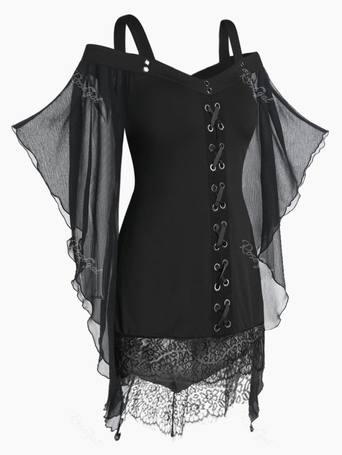 

Plus Size Tunic Open Shoulder Lace Up T Shirt, Black