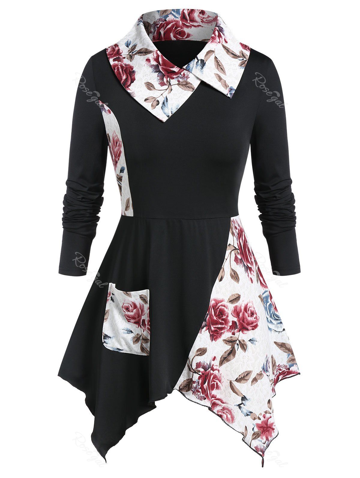 

Plus Size Floral Print Tunic Pocket T Shirt, Black