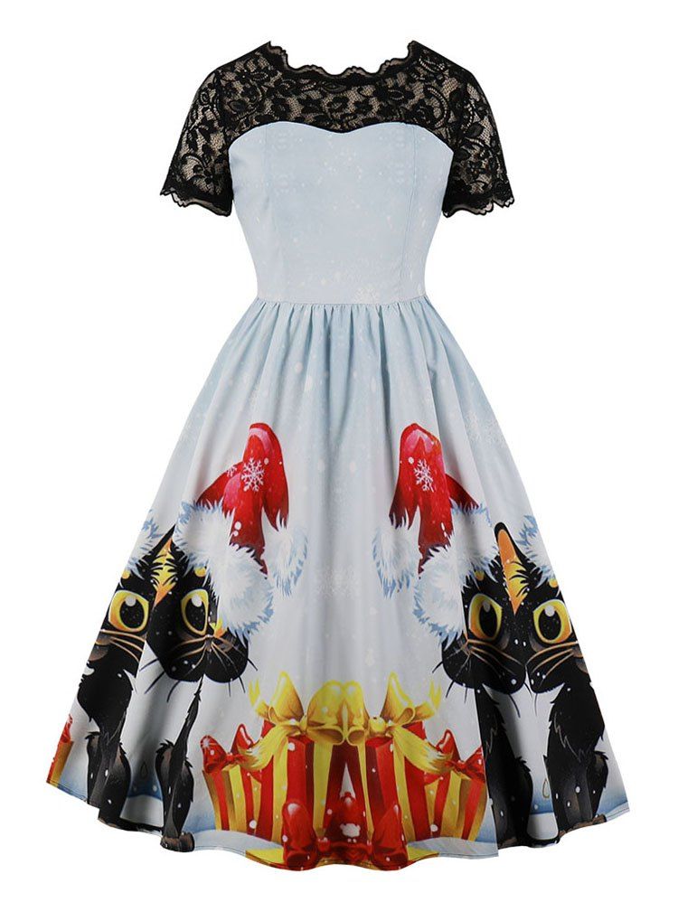 

Lace Panel Cats Gifts Christmas Mid Calf Dress, Night