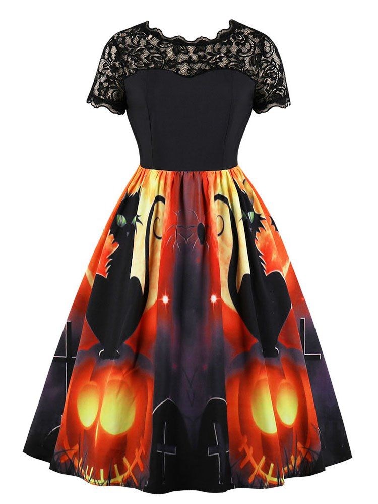 

Lace Panel Pumpkin Print Round Neck Halloween Dress, Black