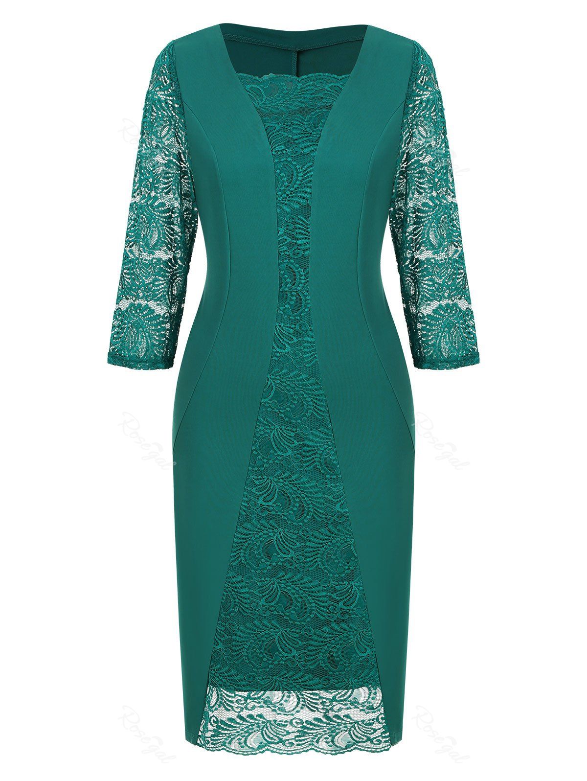 

Plus Size Lace Insert Midi Dress, Greenish blue