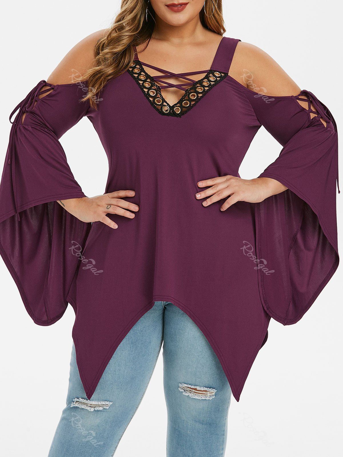 

Plus Size Criss Cross Flare Sleeve Asymmetrical T-shirt, Red wine