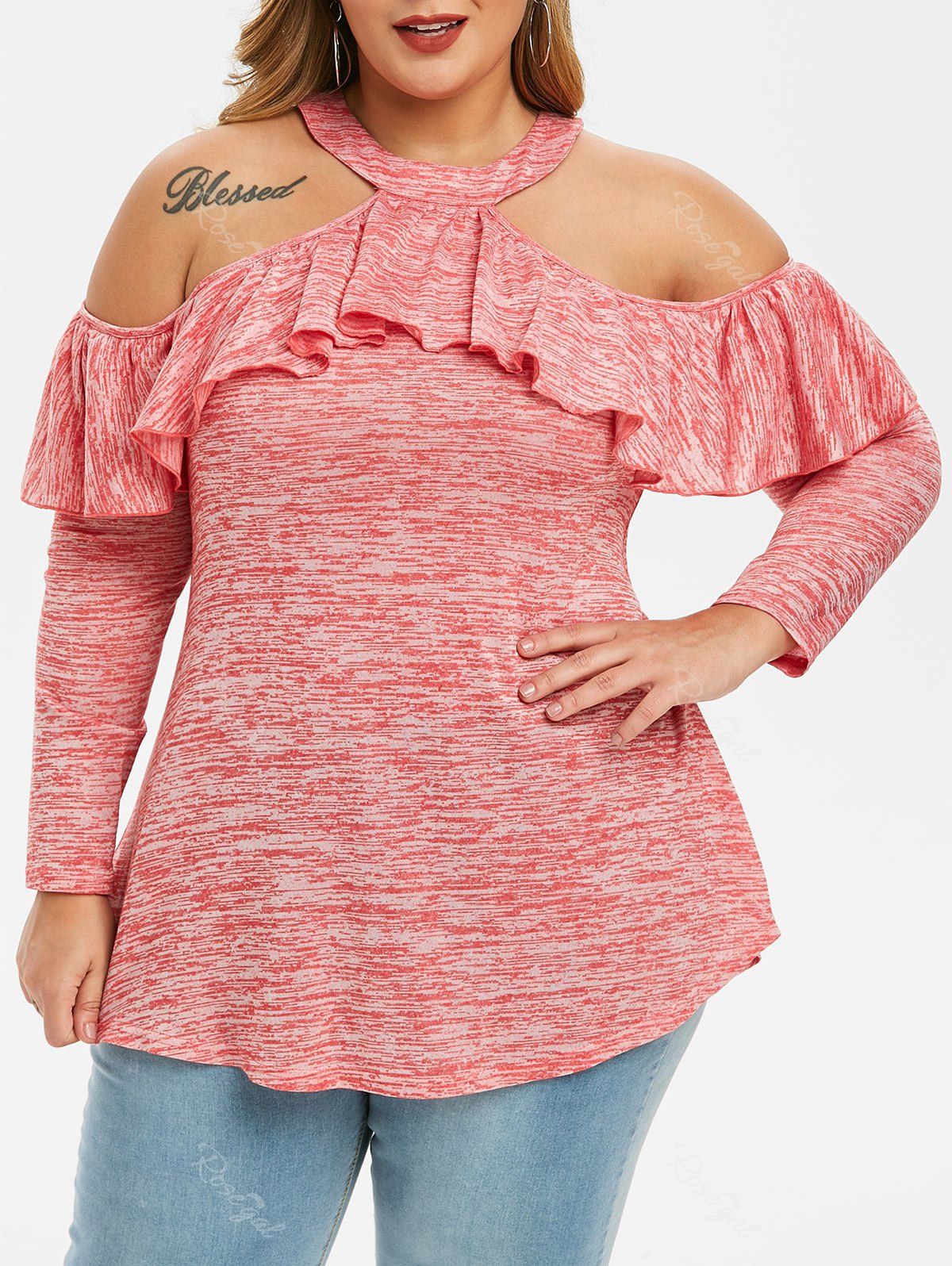

Plus Size Flounce Open Shoulder Marled T Shirt, Pink