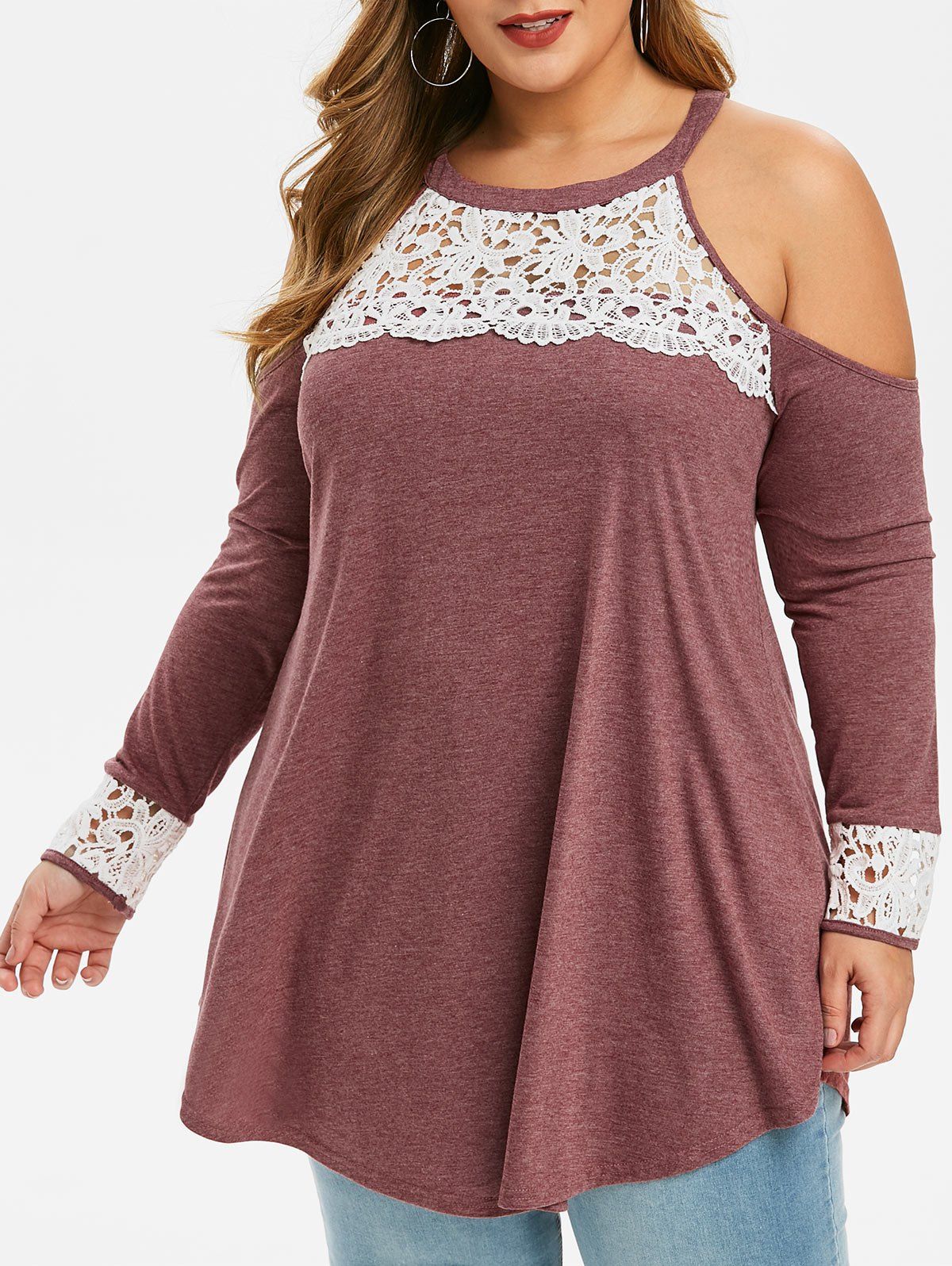 

Plus Size Guipure Lace Cold Shoulder T-shirt, Red wine
