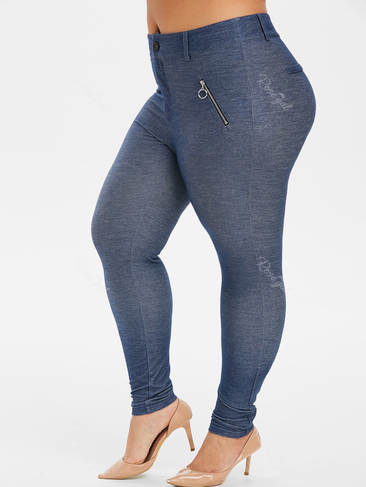 

Plus Size Chambray Zip Embellished Pants, Denim dark blue