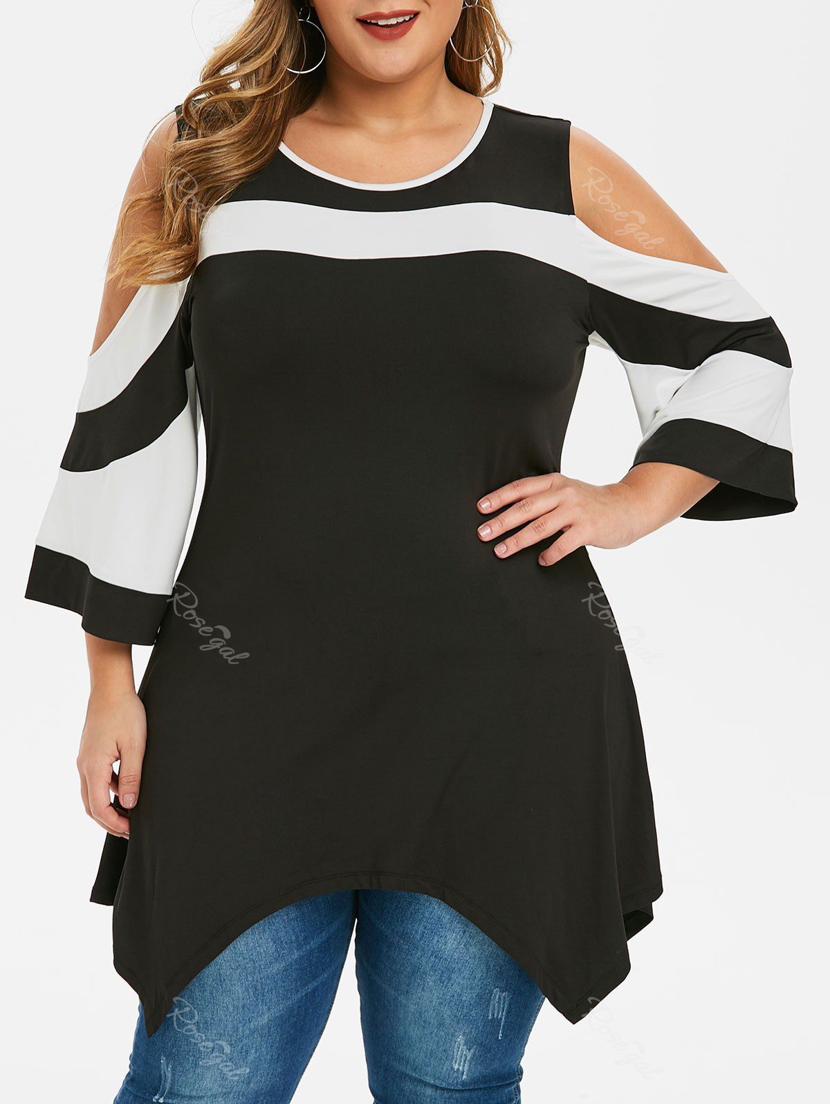 

Plus Size Color Block Cold Shoulder Asymmetrical Tunic Top, Black