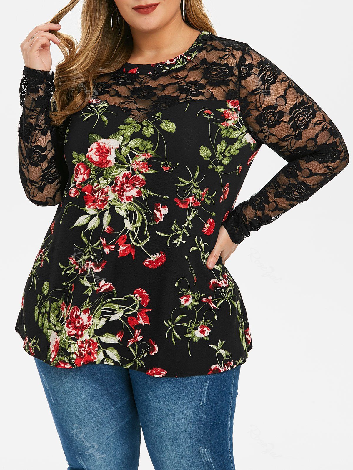

Plus Size Sheer Lace Floral Print Blouse, Black