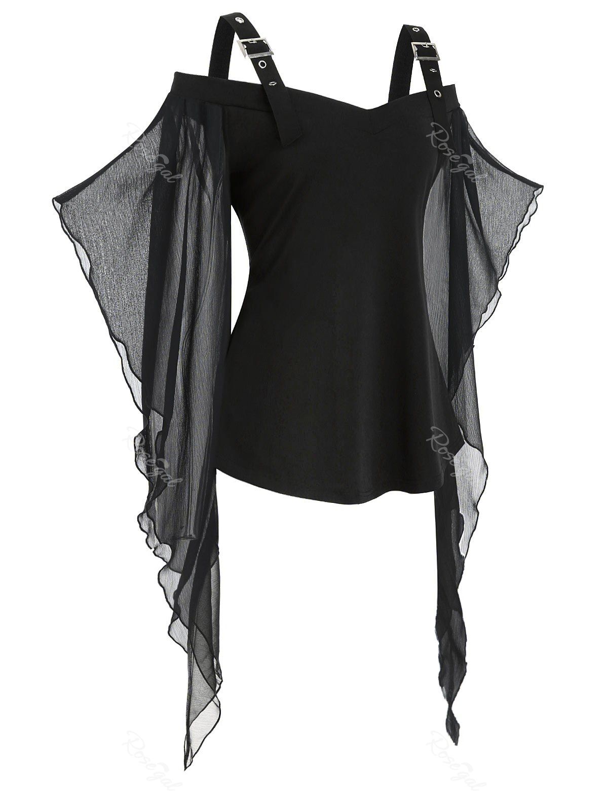 

Halloween Flutter Sleeve Buckle Cold Shoulder Plus Size Top, Black