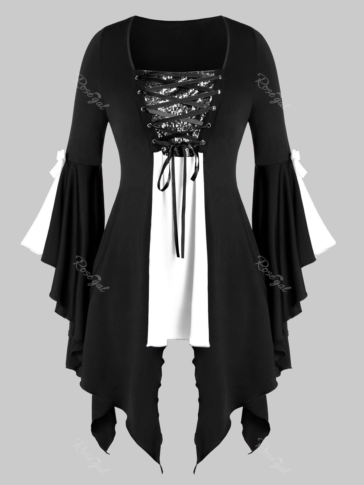 

Plus Size Asymmetrical Lace Up Sequined Gothic Flare Sleeve Tee, Multi-a