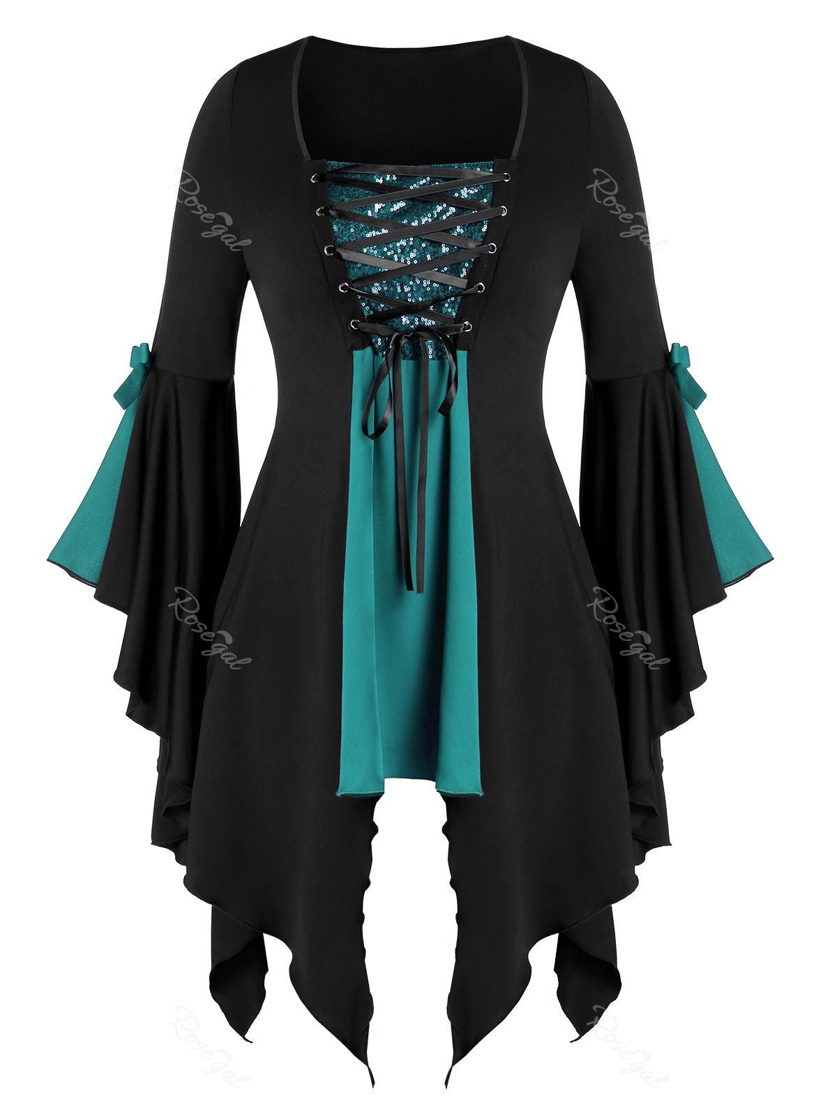 

Plus Size Asymmetrical Lace Up Sequined Gothic Flare Sleeve Tee, Multi-b