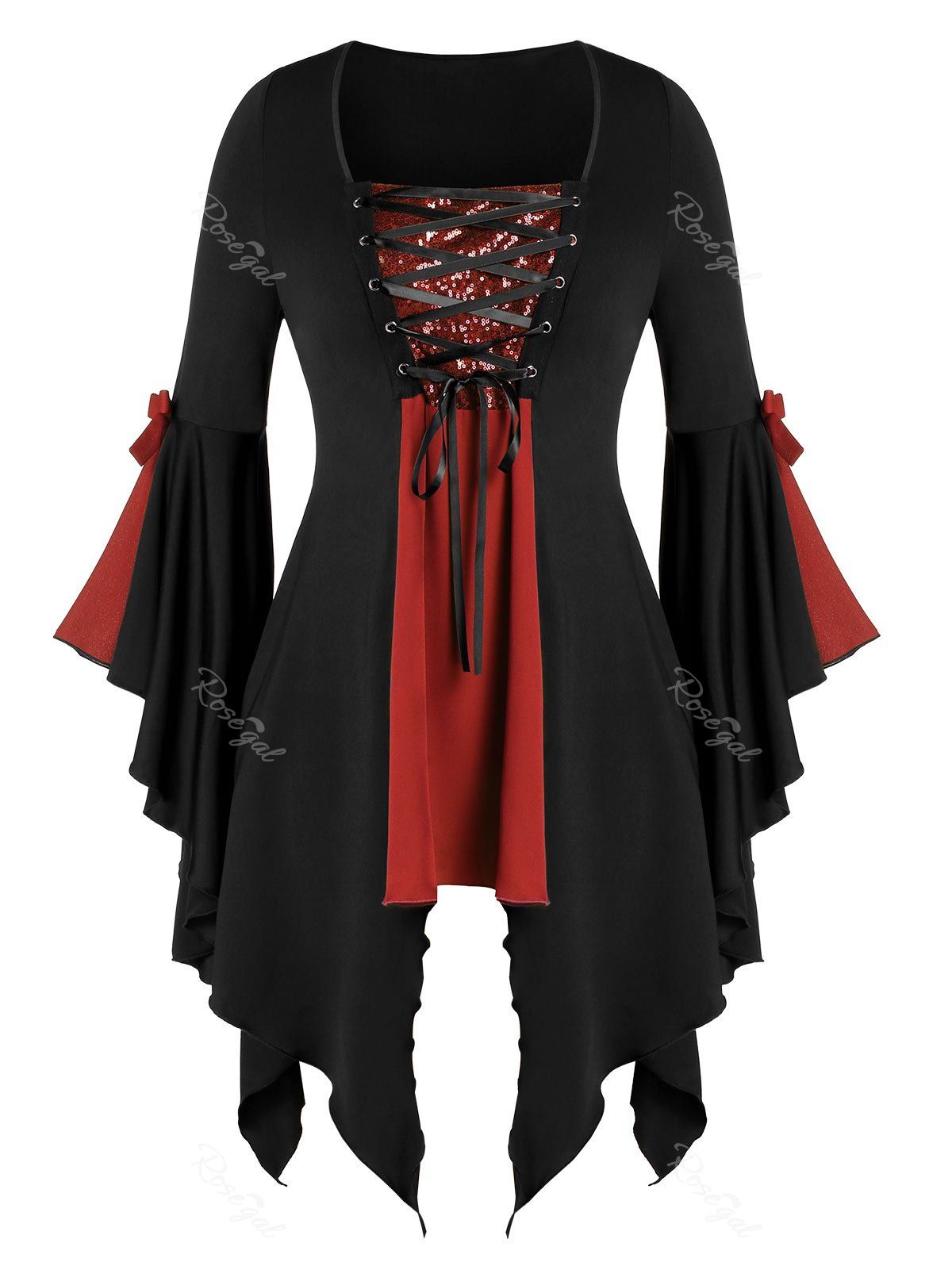 

Plus Size Asymmetrical Lace Up Sequined Gothic Flare Sleeve Tee, Multi-c