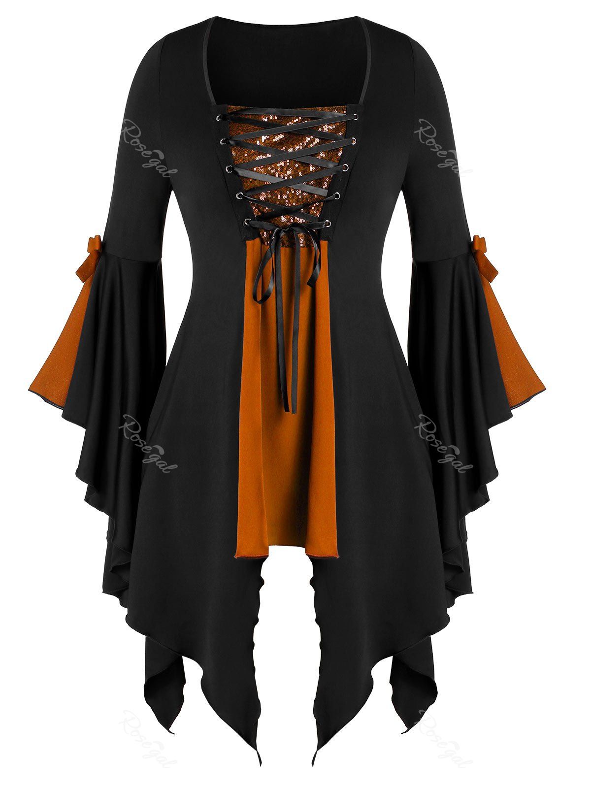 

Plus Size Asymmetrical Lace Up Sequined Gothic Flare Sleeve Tee, Multi-d