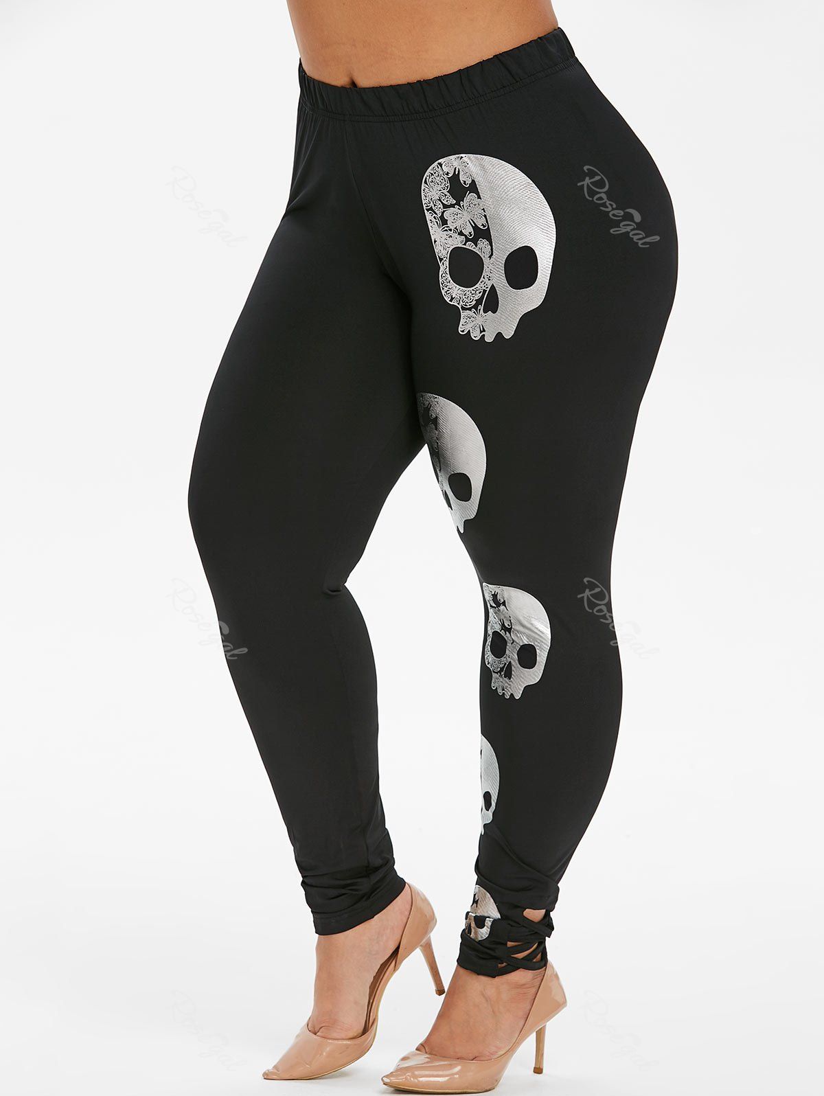 

Plus Size Halloween Skull Print Skinny Leggings, Black