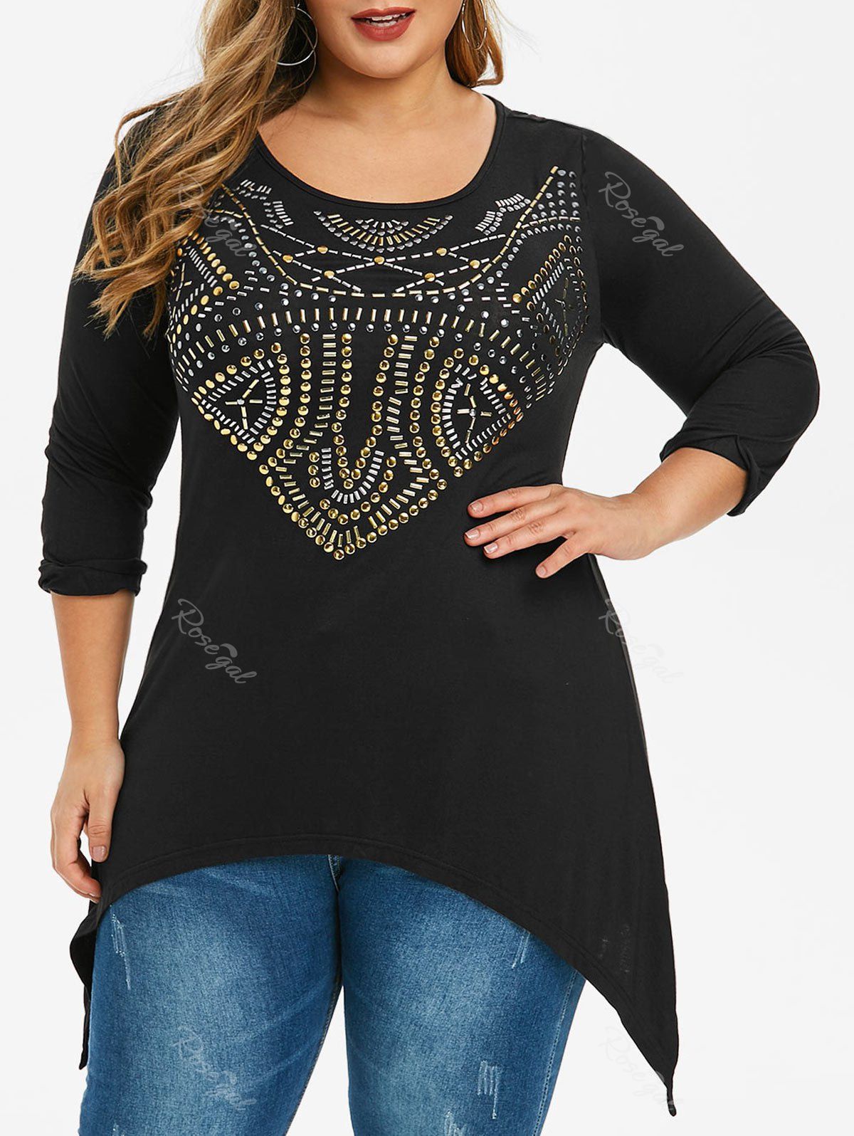 

Plus Size Handkerchief Cut Out Rhinestone T-shirt, Black