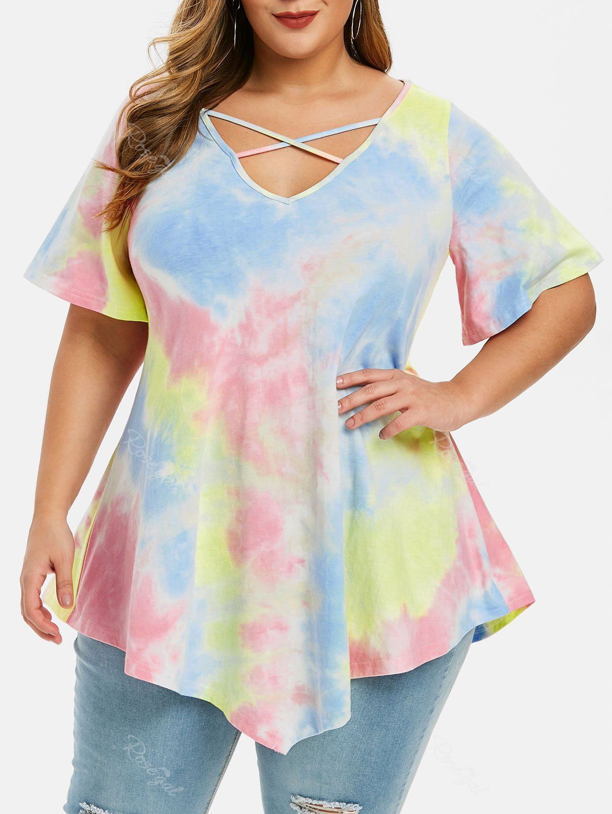 

Plus Size Tie Dye Criss Cross Lace Panel T Shirt, Multi