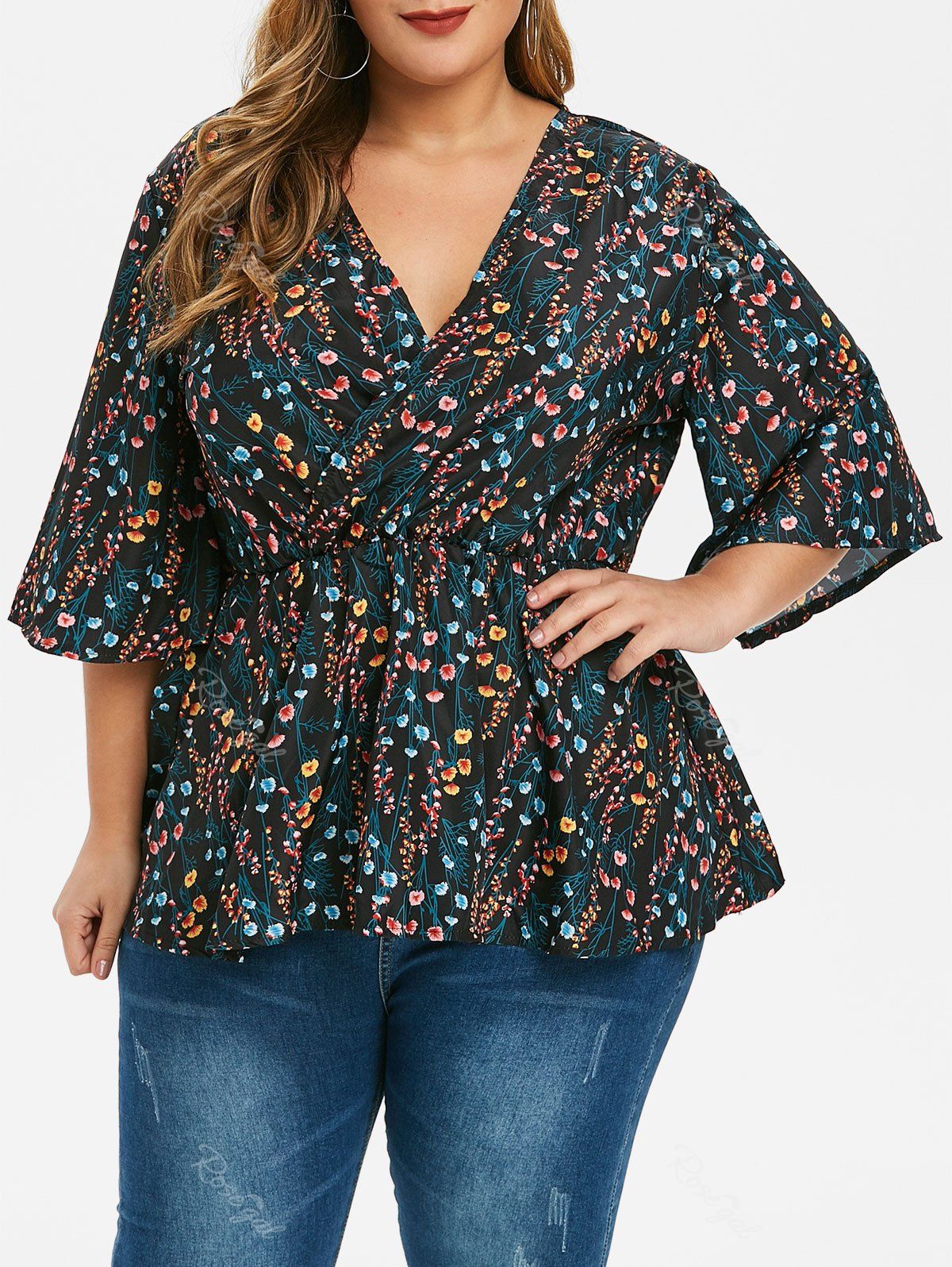 

Belted Floral Skirted Plus Size Blouse, Black