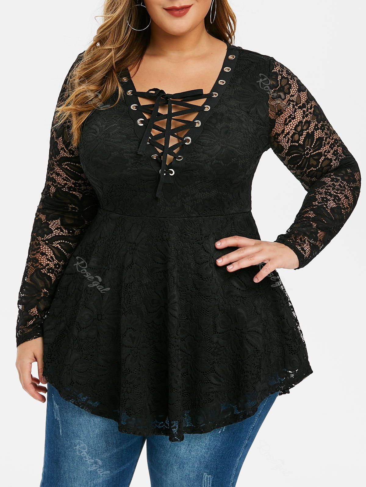 

Plus Size Lace-up Plunging Lace Blouse, Black