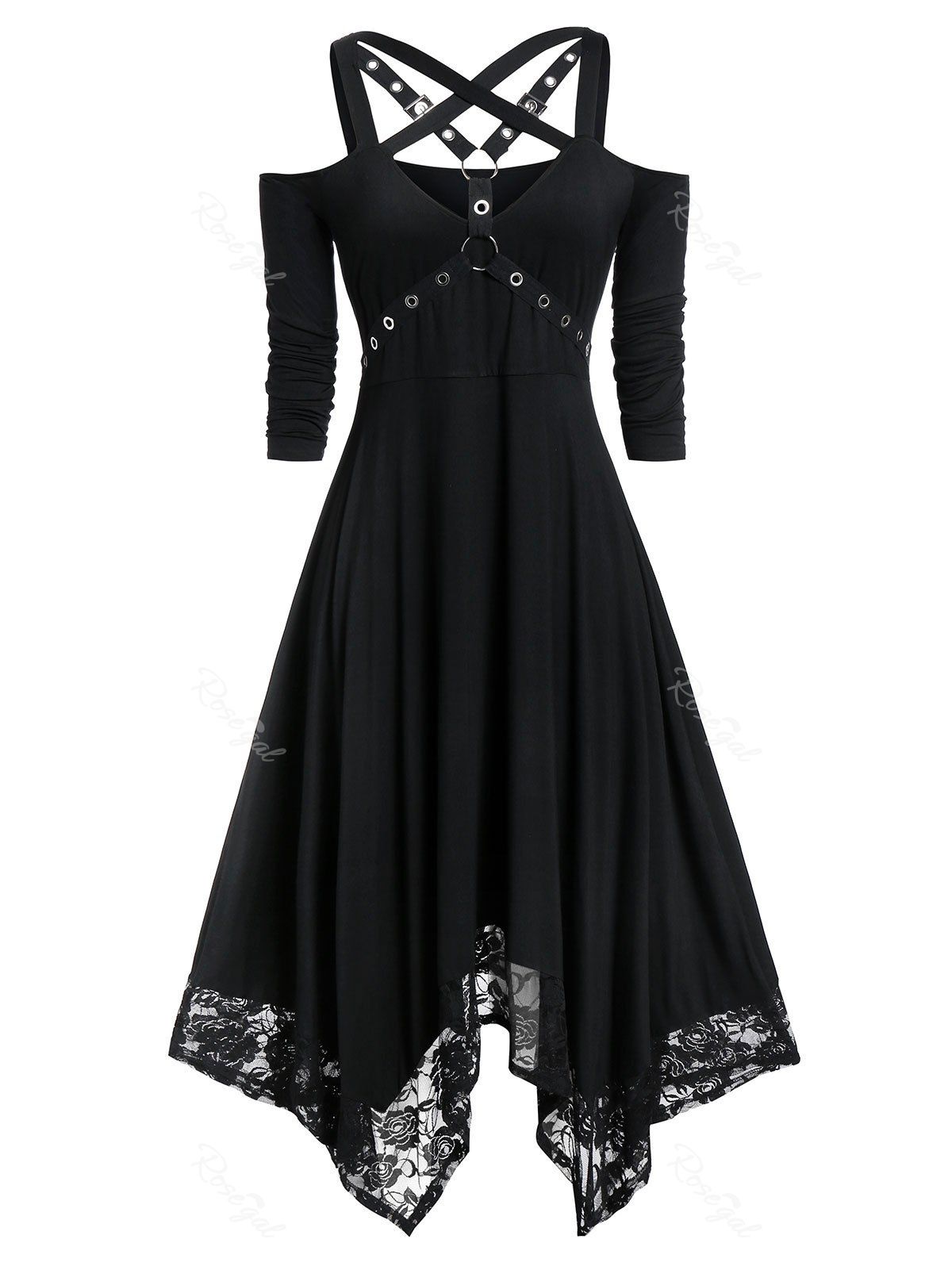 [47% OFF] Plus Size Handkerchief Open Shoulder Harness Gothic Dress ...