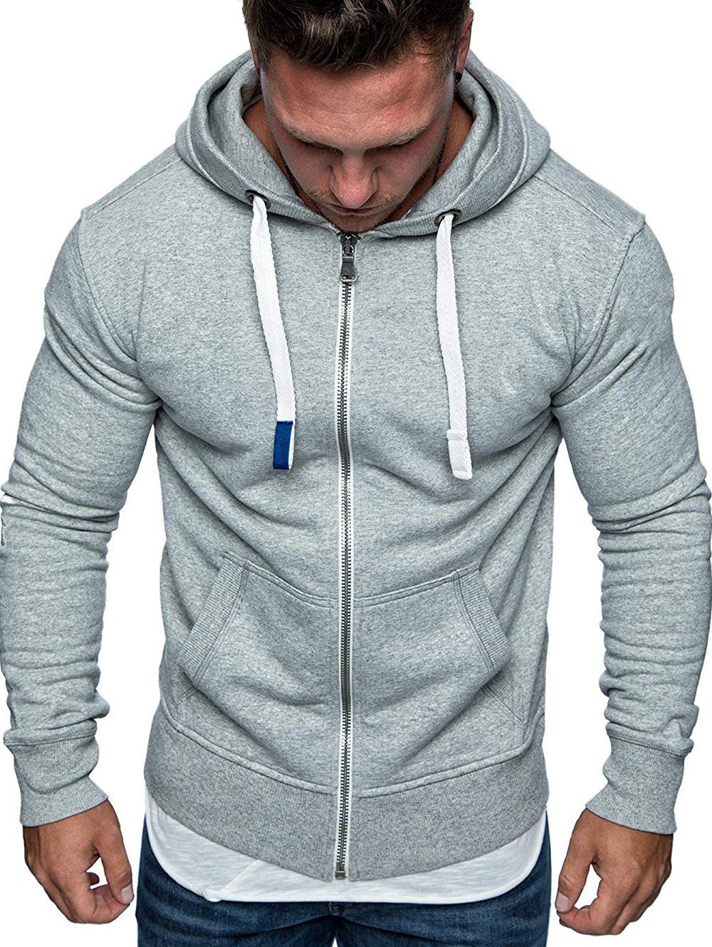 

Drawstring Zip Up Pockets Fleece Hoodie, Light gray