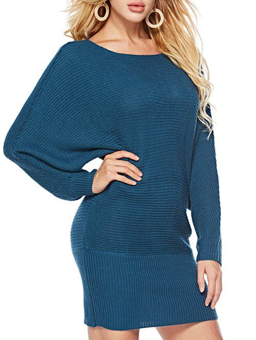 

Batwing Sleeves Solid Round Neck Sweater, Peacock blue