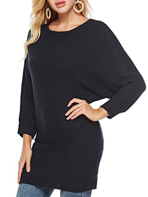 

Batwing Sleeves Solid Round Neck Sweater, Black