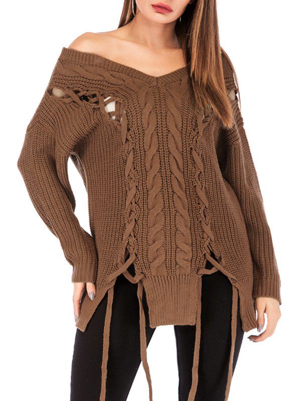 

Lace Up Cable Knit Off Shoulder Sweater, Light brown