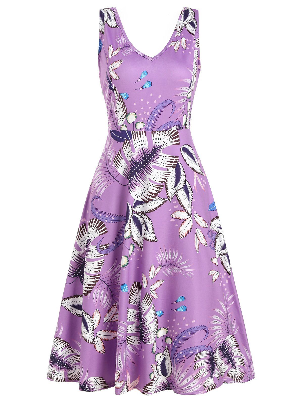 

V Neck Leaf Print Sleeveless Dress, Purple flower