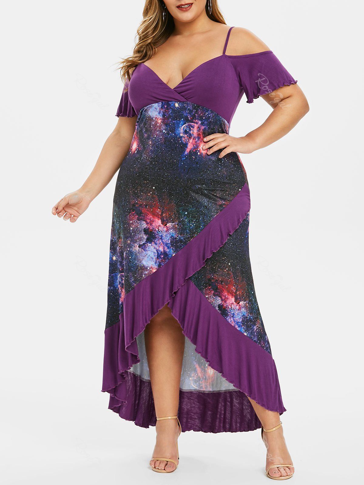 

Plus Size High Low Cold Shoulder Ruffle Dress, Purple amethyst