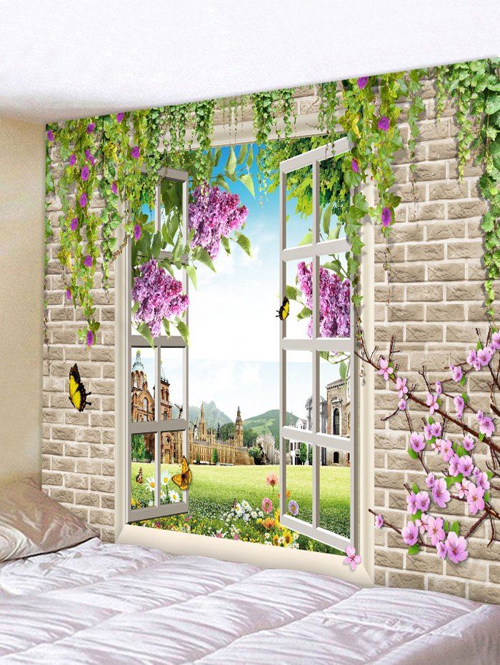 

Brick Wall Window Castle Print Tapestry Wall Hanging Art Decoration, Jungle green