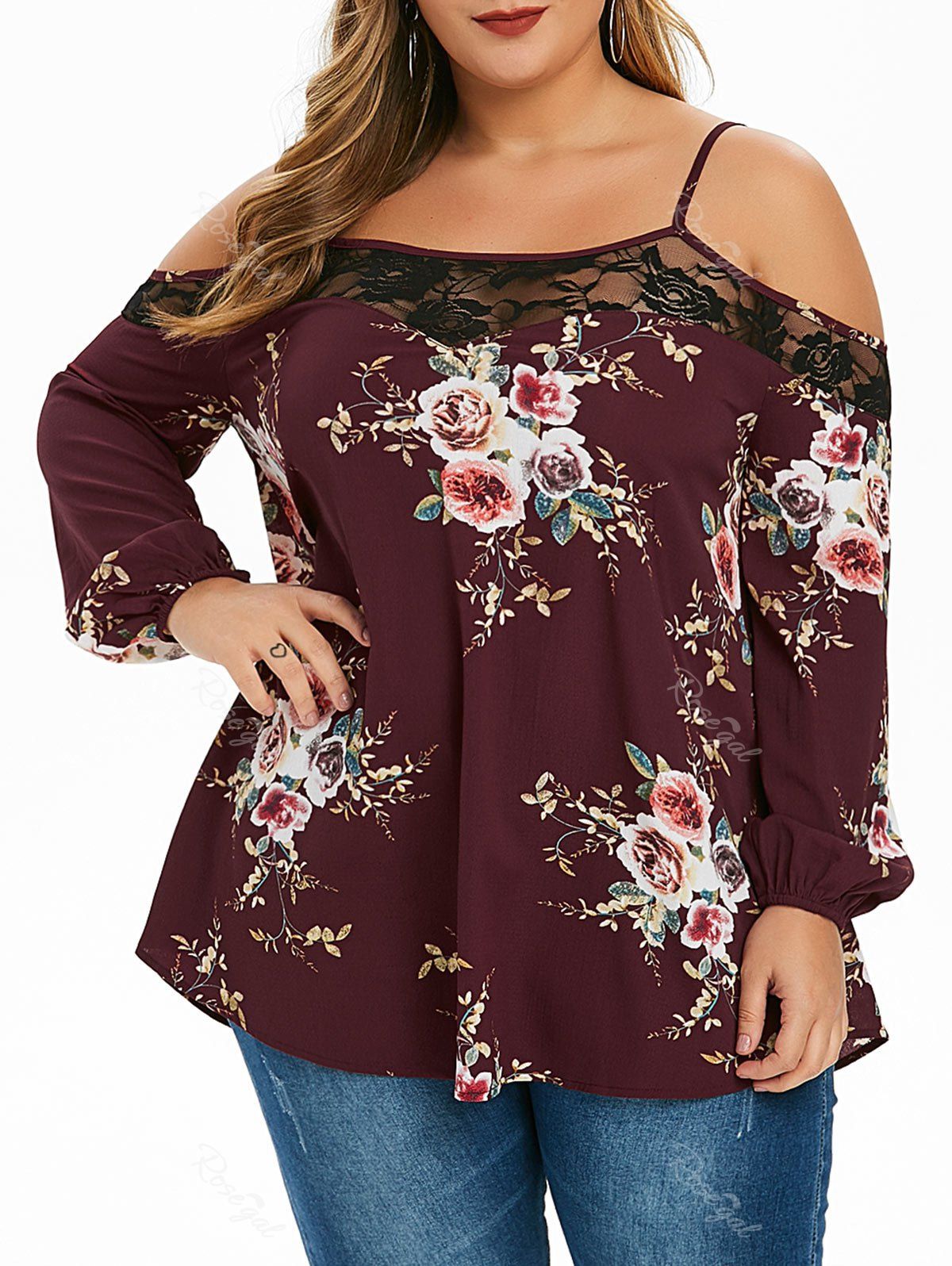 

Plus Size Open Shoulder Lace Panel Floral Blouse, Red wine