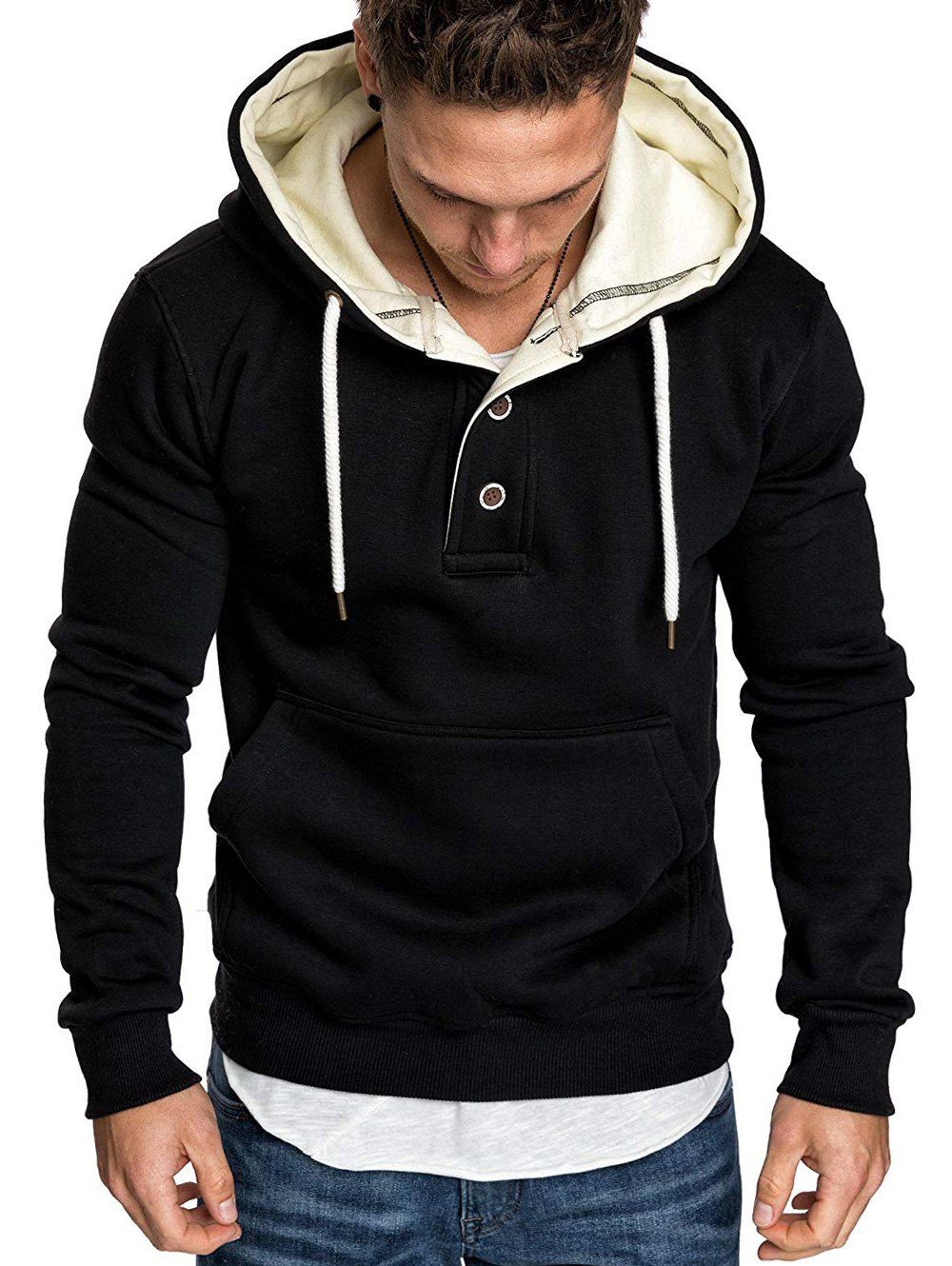 

Button Front Kangaroo Pocket Fleece Hoodie, Black