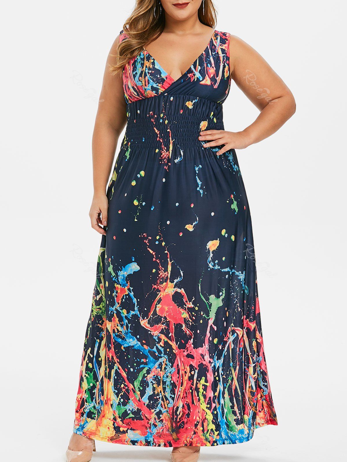 Plus Size Splash Painting Smocked Waist Plunging Dress [35% OFF] | Rosegal