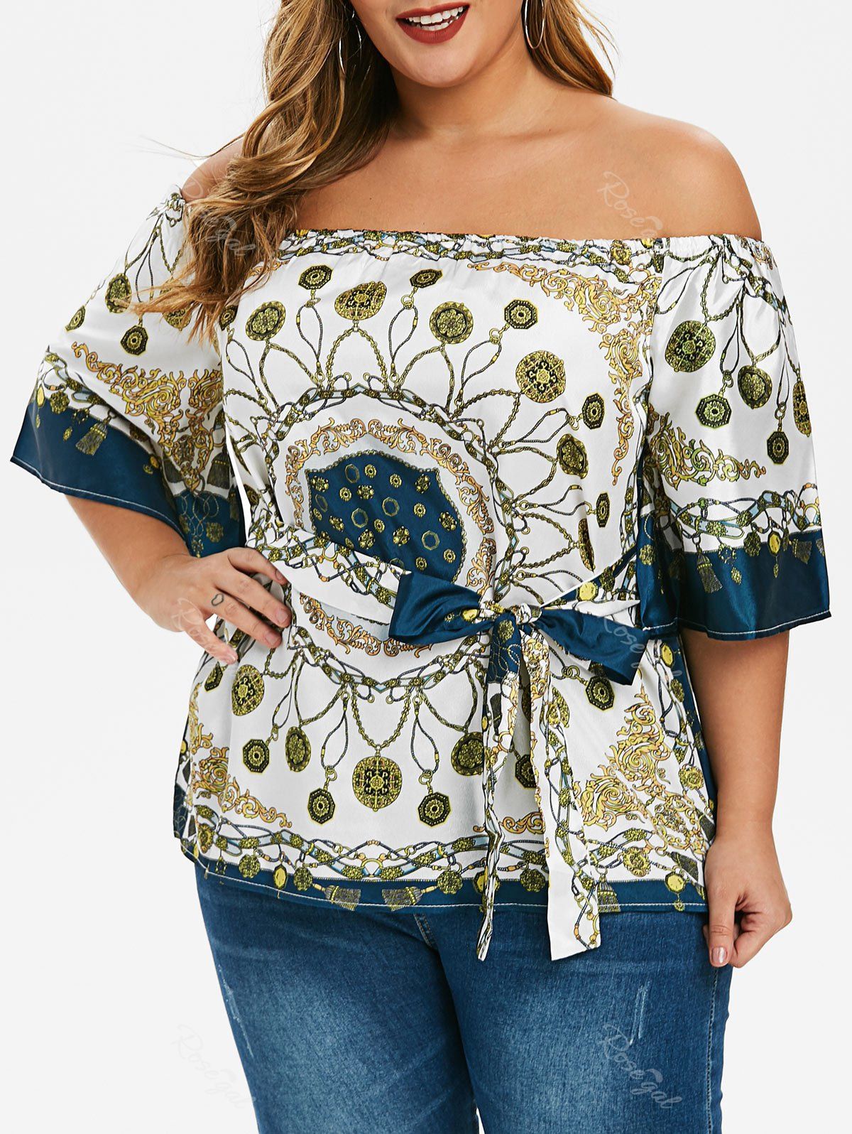 

Plus Size Tribal Print Belt Off Shoulder Blouse, White