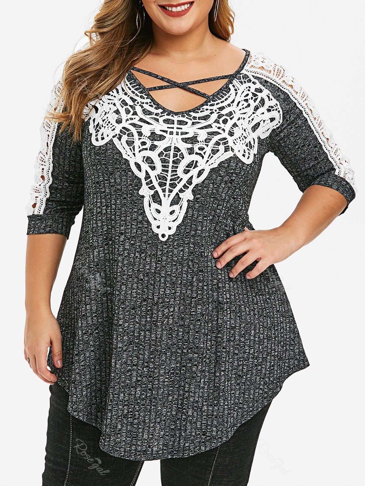 

Plus Size V Neck Lace Panel Tunic T Shirt, Dark slate grey