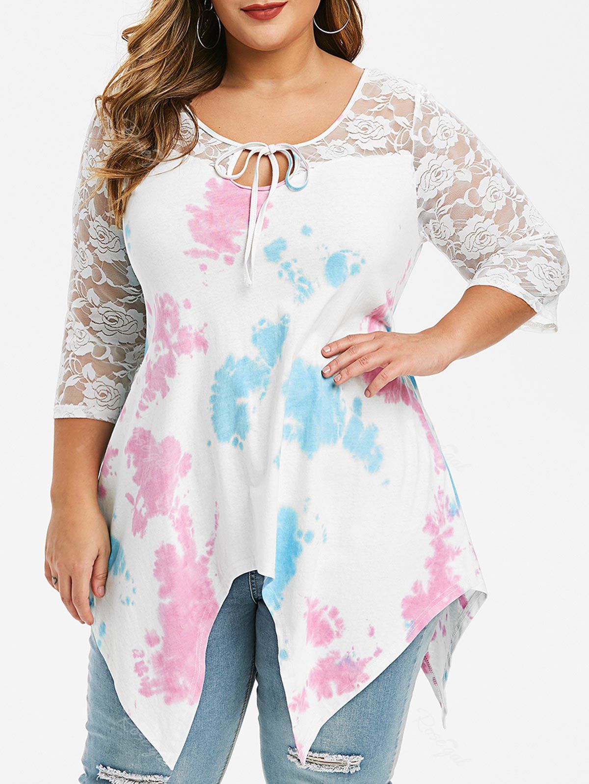

Plus Size Tunic Lace Panel Tie Keyhole T Shirt, White