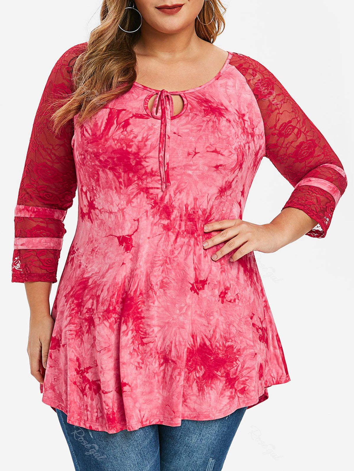

Plus Size Tie Keyhole Lace Panel T Shirt, Flamingo pink