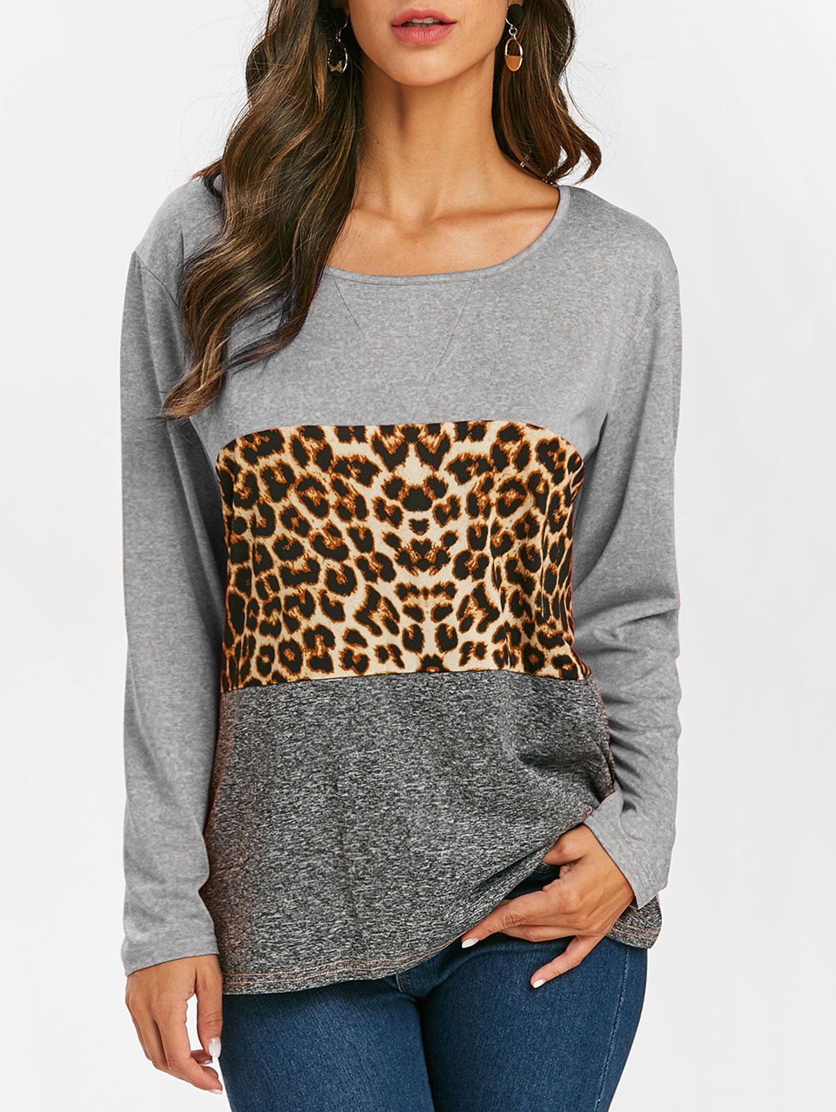 

Leopard Color Block Scoop Neck T-shirt, Gray cloud