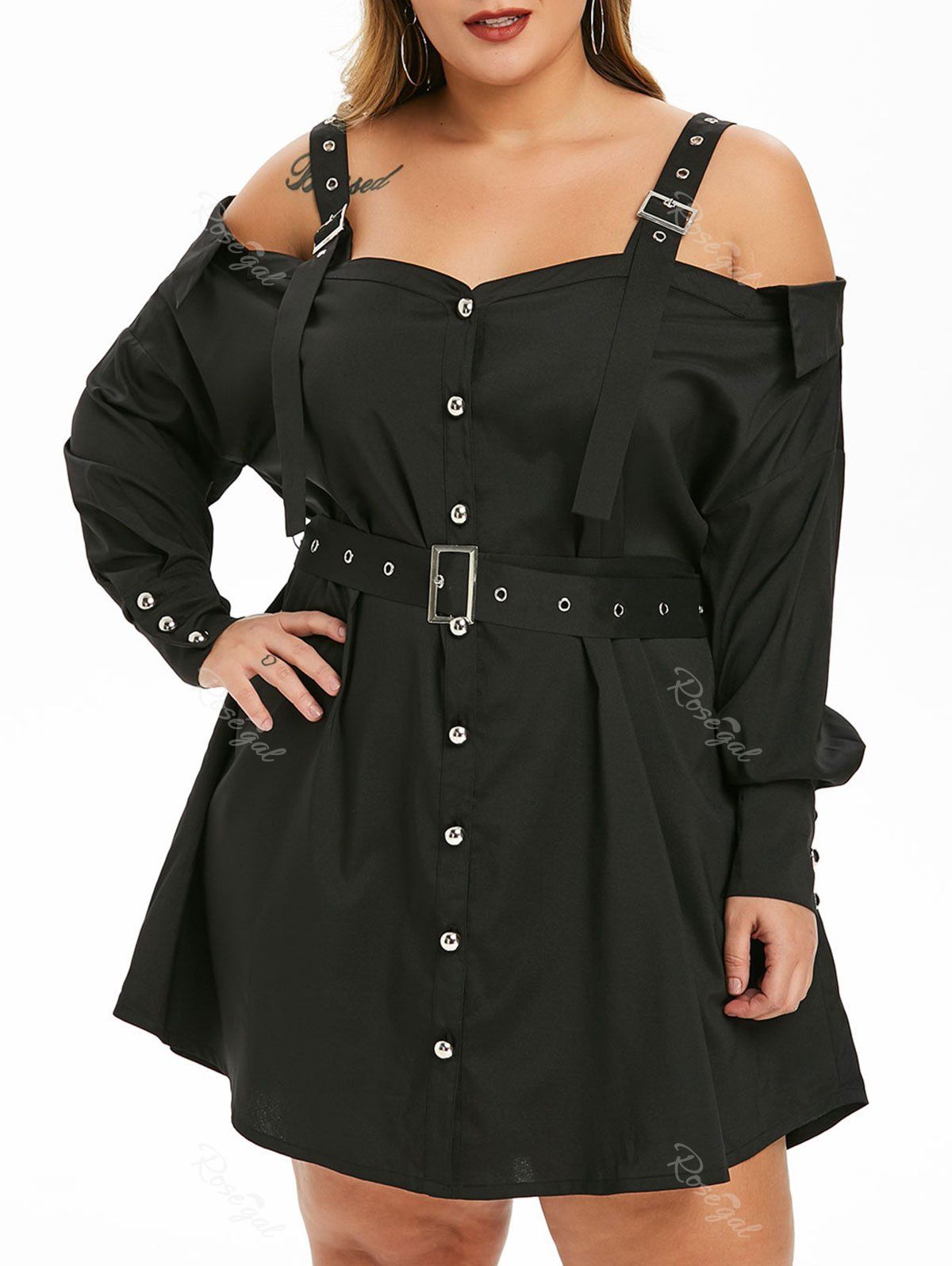

Plus Size Cold Shoulder Buckle Belted Dress, Black