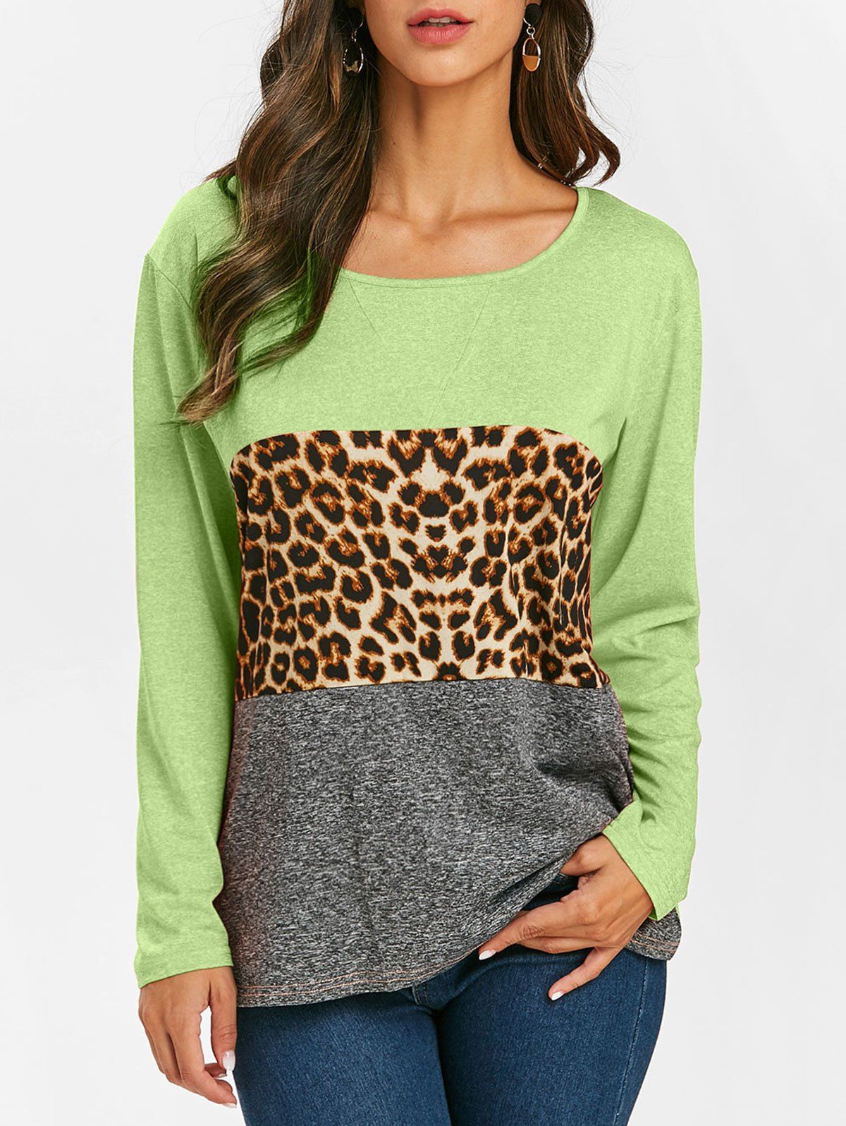 

Leopard Color Block Scoop Neck T-shirt, Algae green