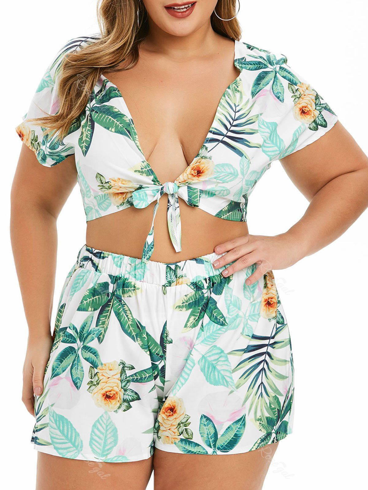 

Leaves Floral Tie Front Plus Size Two Piece Set, White