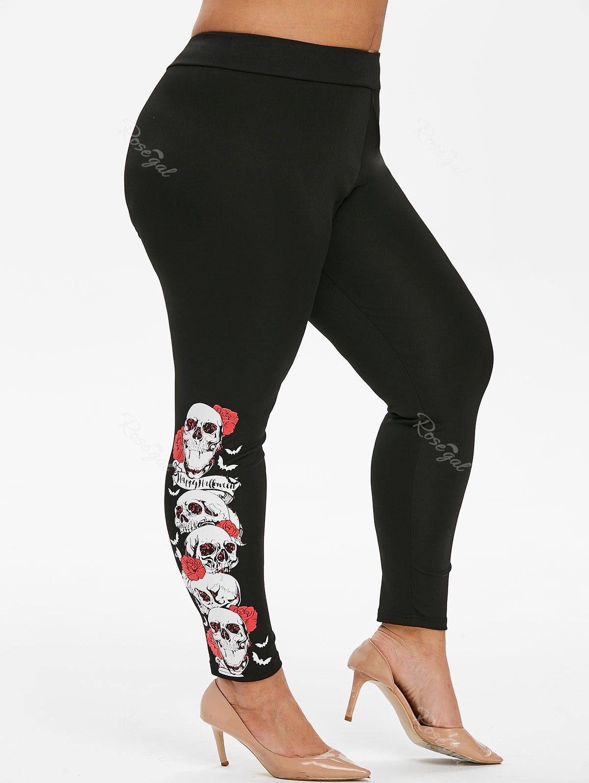 

Plus Size Skull Floral Print Halloween Leggings, Black