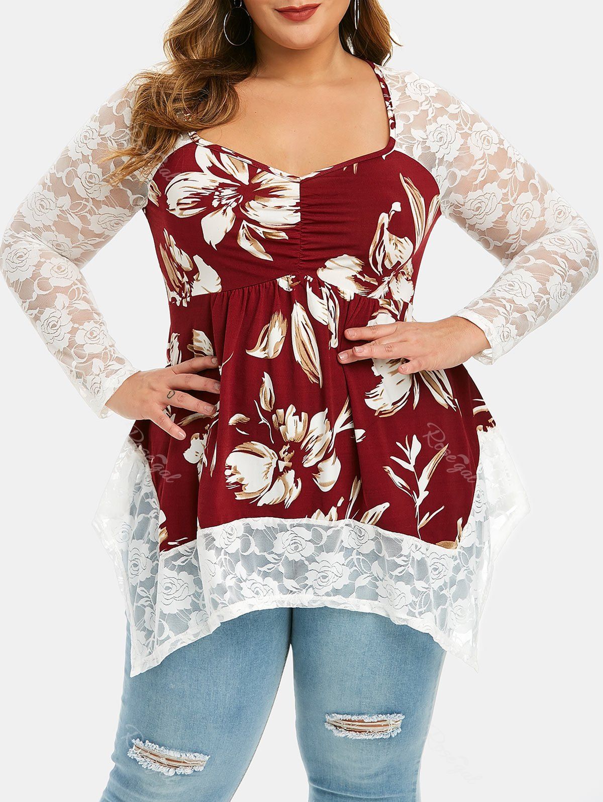 

Plus Size Handkerchief Lace Insert Floral T-shirt, Firebrick