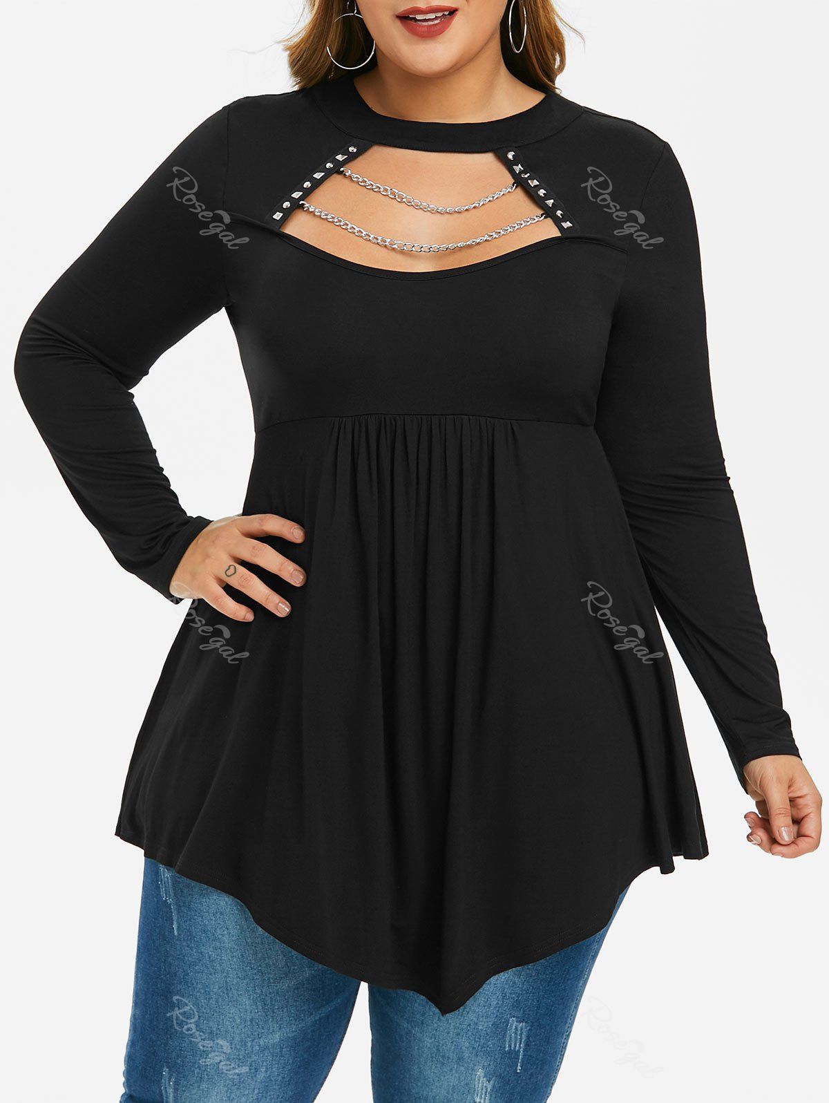 

Plus Size Chain Studded Embellished Keyhole Back T-shirt, Black