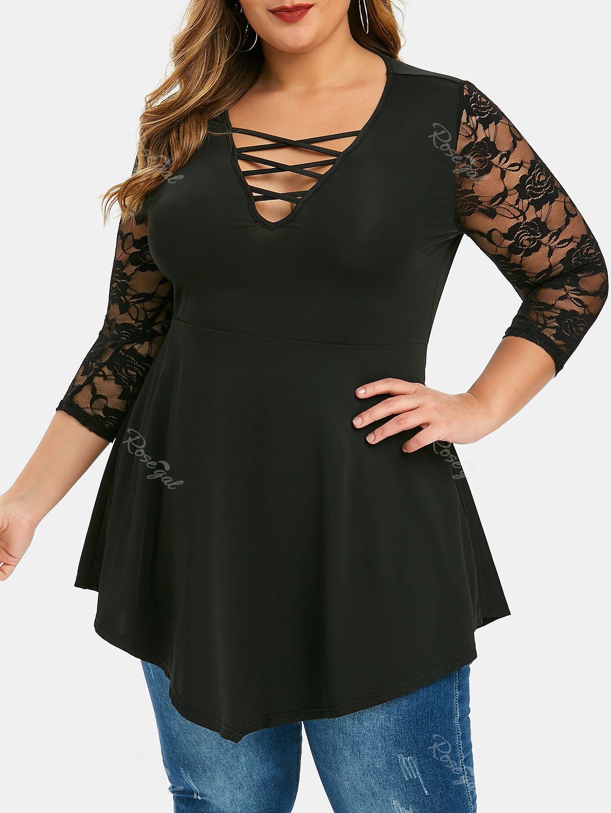 

Plus Size Low Cut Lace Sleeve Criss Cross Peplum T-shirt, Black