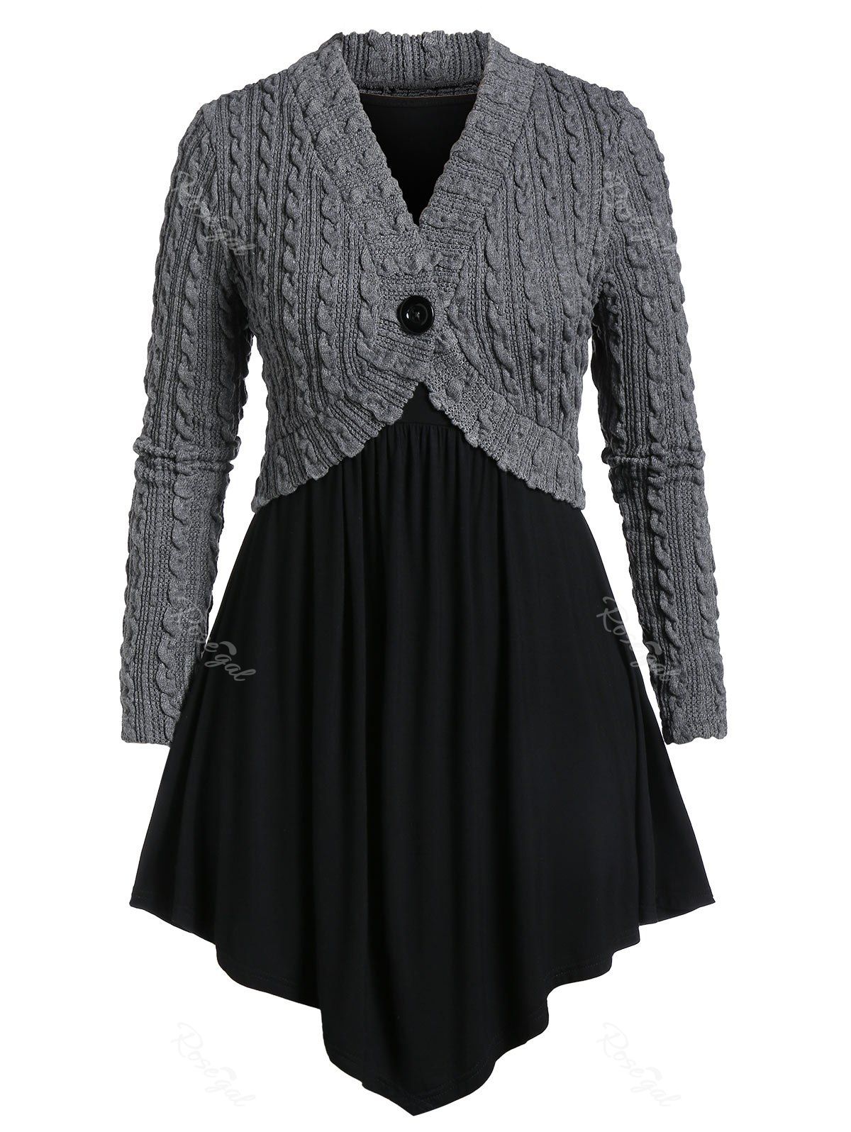 

Plus Size Tunic Long Sleeve T Shirt with Button Sweater, Black