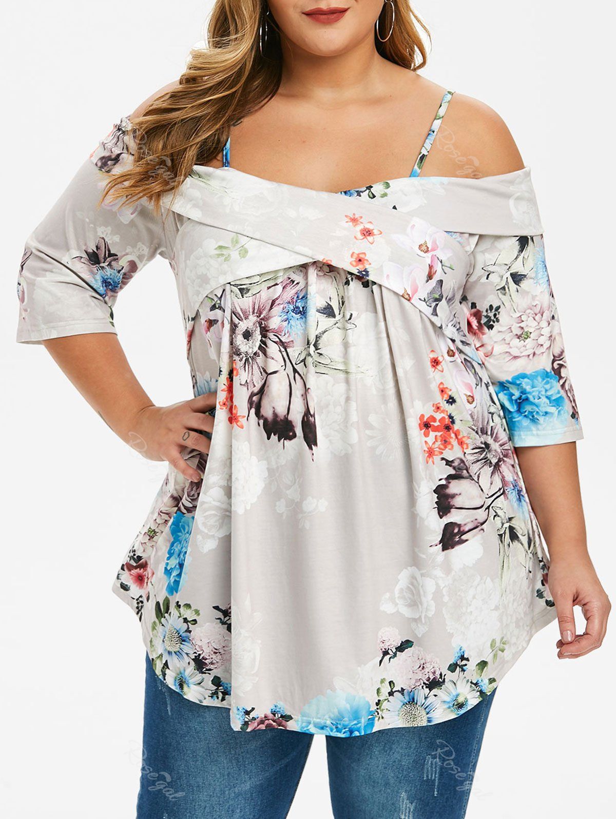 

Plus Size Criss Cross Open Shoulder Floral T-shirt, Multi-a