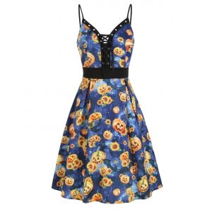 

Halloween Sunflower Pumpkin Lace Up Cami Dress, Multi