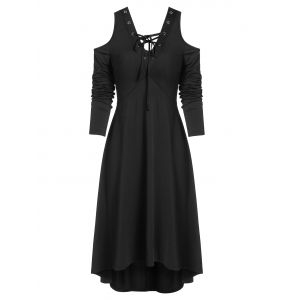 

Cold Shoulder Lace Up Midi High Low Dress, Black