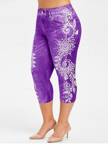 

Plus Size Side Flower Faux Jean Capri 3D Leggings, Purple sage bush